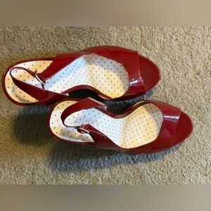 Guess Red Patent Peep Toe Slingback Heels with Polka Dot Insole
